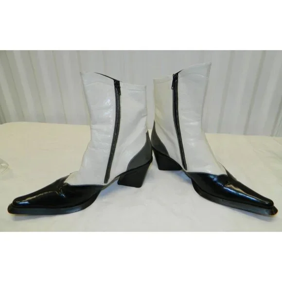 Vtg Goffredo Fantini Boots Sz 7 Black White Leather Ankle Boots Floral Appliqué - Picture 9 of 16